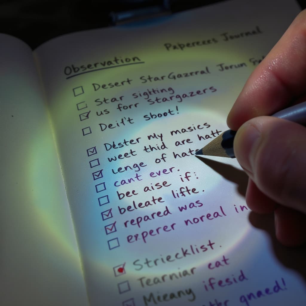 Close-up of the Desert Stargazer's Journal — a hand recording an observation entry with a red-light headlamp glow at the edge of the page.
