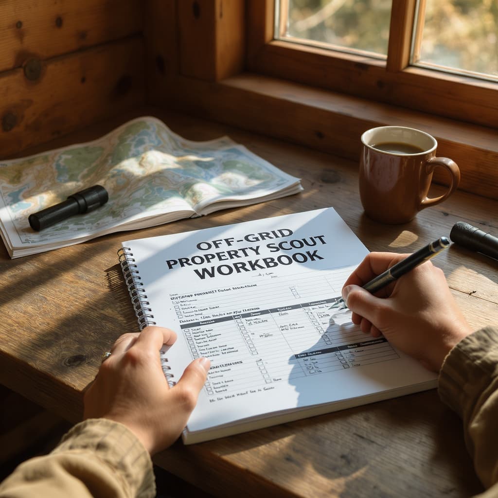Off-Grid Property Scout Workbook open on a rustic desk with a pen resting on the criteria scoring matrix during an active research trip.