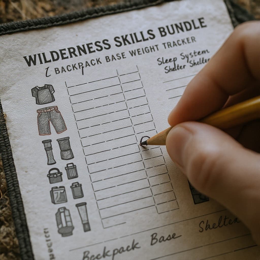 Close-up of the Wilderness Skills Bundle — a hand checking off gear rows on the Backpack Base Weight Tracker sleep-system section.