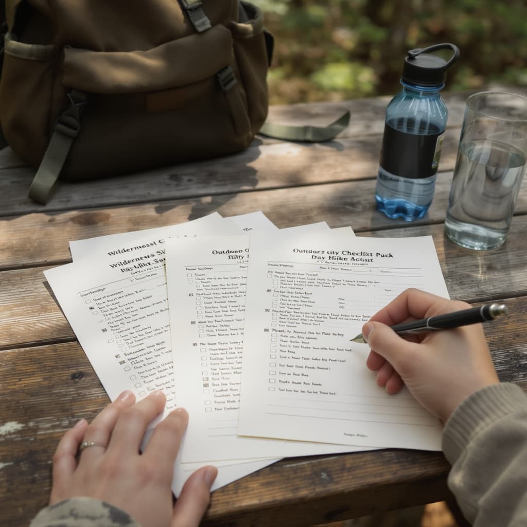Wilderness Skills Bundle packet in use at a trailhead — a hand filling in the Outdoor Activity Checklist Pack day-hike list with a backpack and water bottle nearby.